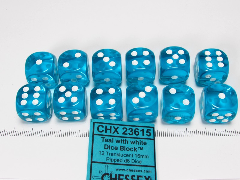 Set 12 6-zijdig, 16mm transparant turquoise