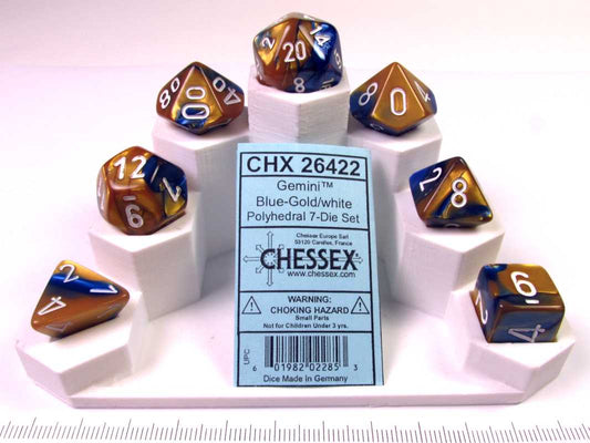 Set 7 polydice, Gemini blue-gold w/white