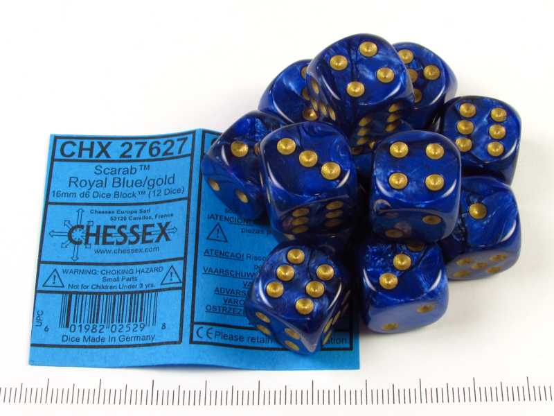 Set 12 6-zijdig, 16mm Scarab Royal Blue w/gold