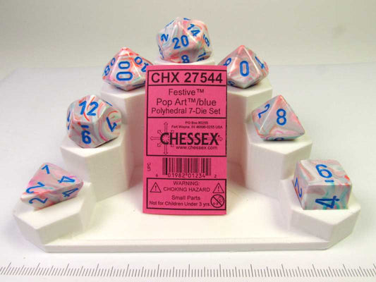 Set 7 polydice, Festive Pop Art w/Blue