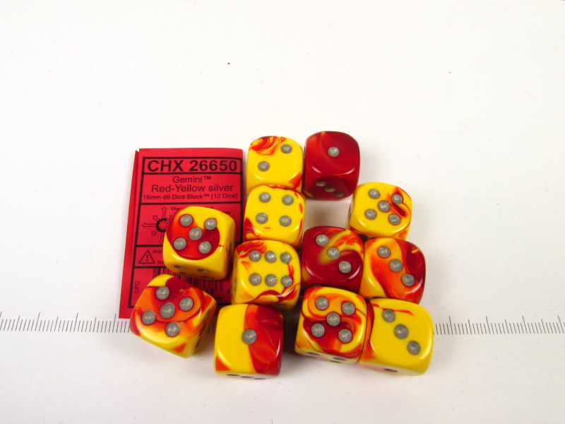 Set 12 st. 6-zijdig, 16mm Gemini Yellow-Red w/silver