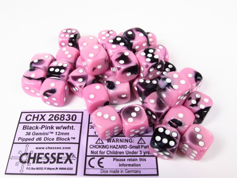 Set 36 6-zijdig 12mm, Gemini black-pink w/white