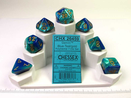 Set 7 polydice, Gemini blue-teal w/gold