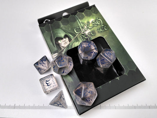 Elven polydice set, transparant met blauw