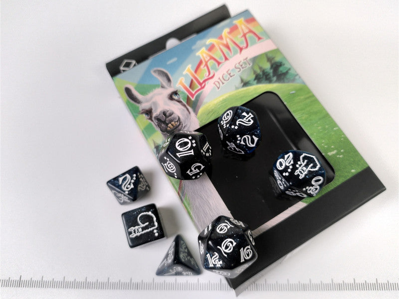 Llama polydice set, glittering dark blue w/white