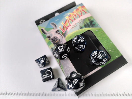 Llama polydice set, glittering dark blue w/white