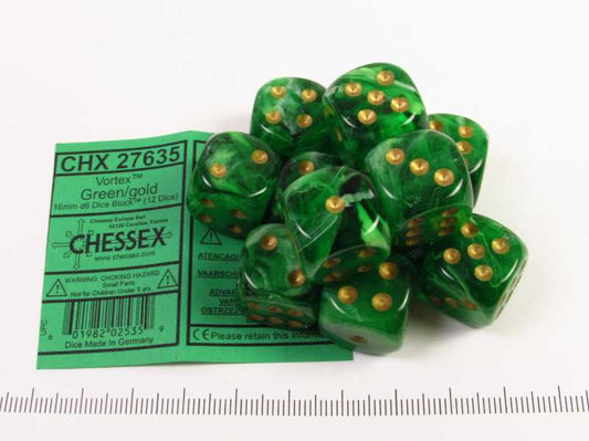 Set 12 st. 6-zijdig, 16mm Vortex green w/gold