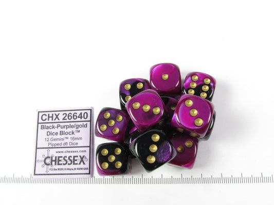 Set 12 st. 6-zijdig, 16mm Gemini Black-Purple w/gold