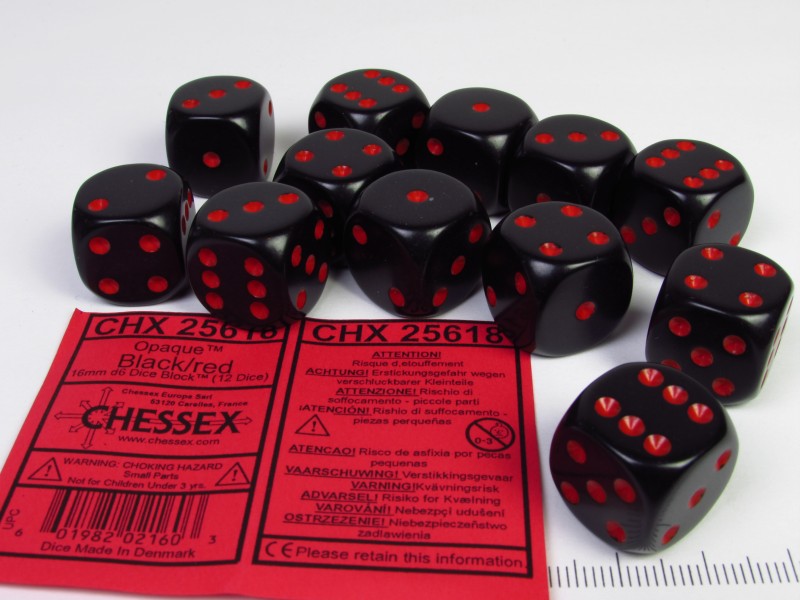Set 12 6-zijdig, 16mm zwart met rood
