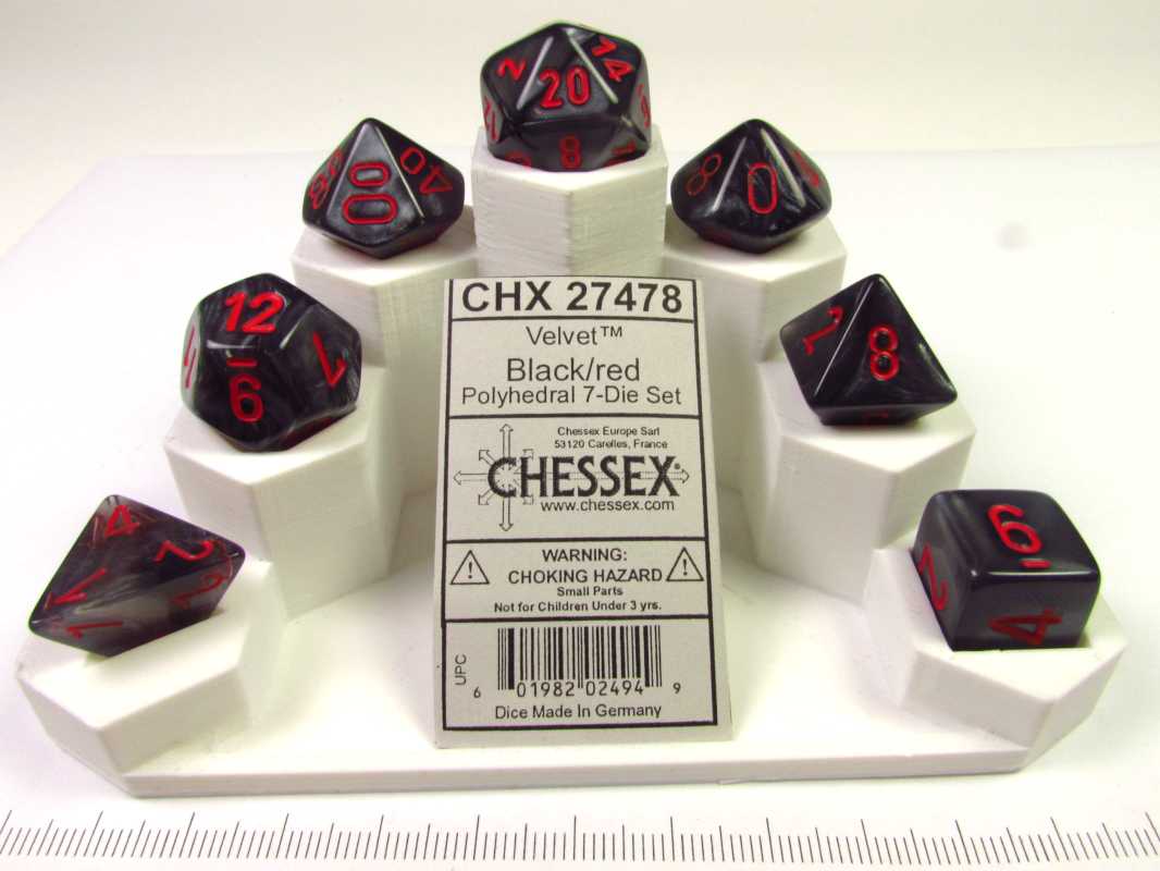 Set 7 polydice, Velvet black w/red