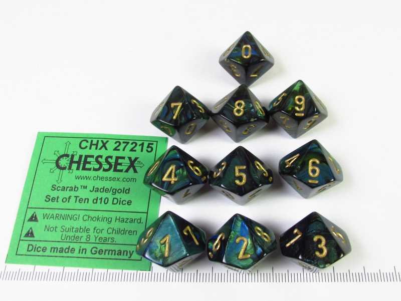 Set 10 10-zijdig, Chessex Scarab Jade w/gold