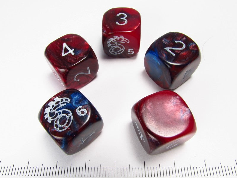 Set van 5 Shadowrun dice, rood/paars