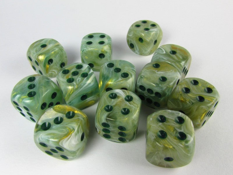 Set 12 6-zijdig, 16mm Marble green w/dark green