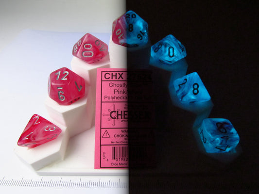 Set 7 Polydice, Ghostly Glow pink w/silver