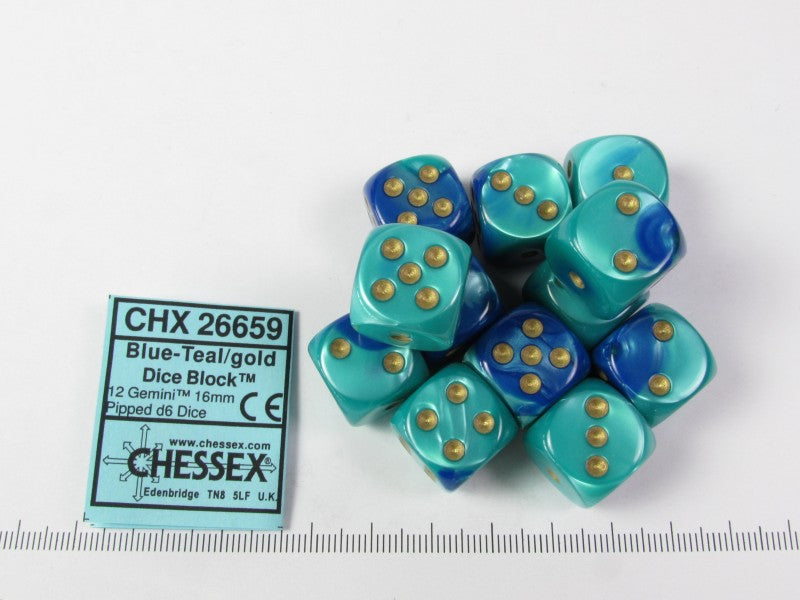 Set 12 st. 6-zijdig, 16mm Gemini Blue-Teal w/gold