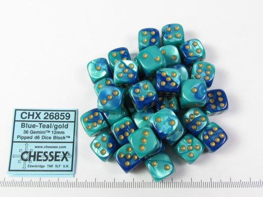 Set 36 st. 6-zijdig 12mm, Gemini Blue-Teal w/gold