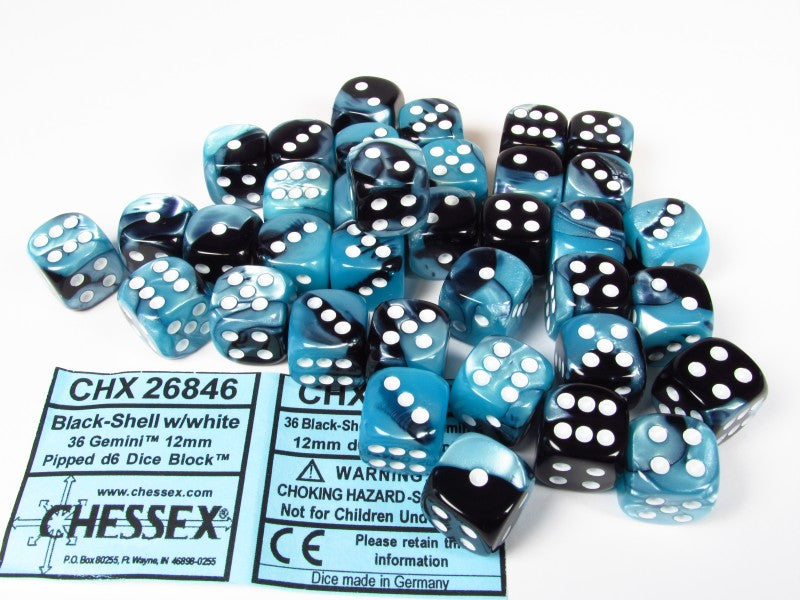 Set 36 st. 6-zijdig 12mm, Gemini black-Shell w/white