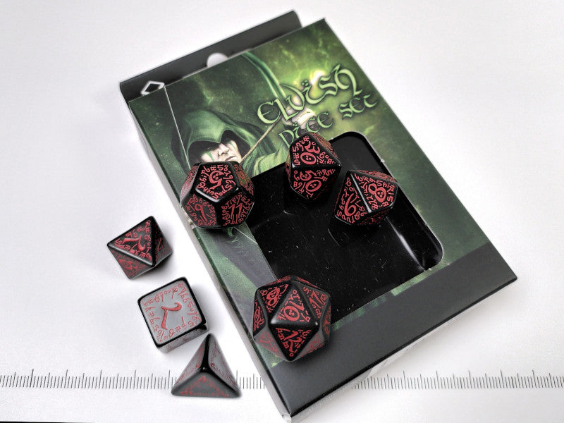 Elven polydice set, zwart met rood