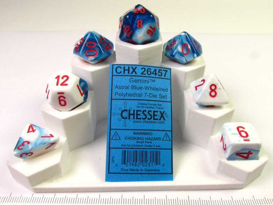 Set 7 polydice, Gemini Astral Blue-white w/red